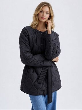 Evereve Toni Belted Puffer Jacket Size L Black Quilted
